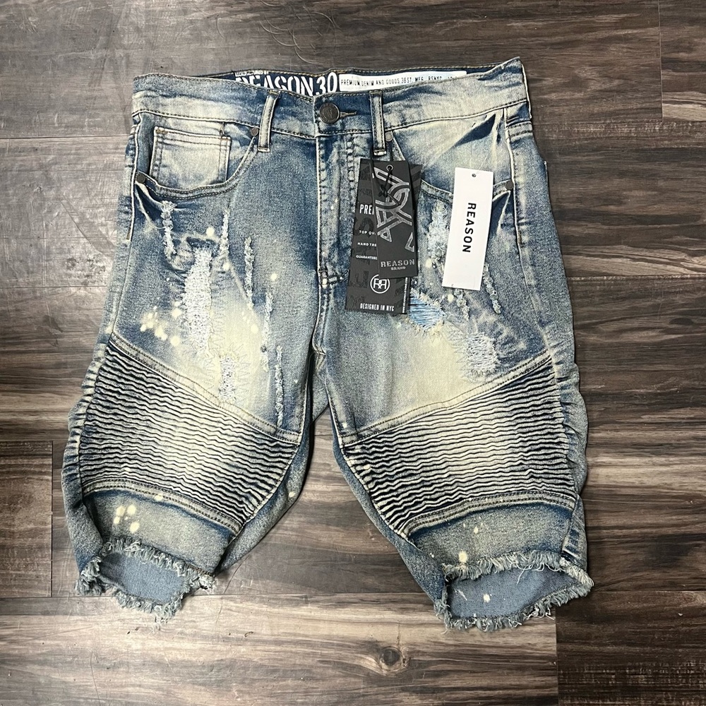 Reason Blue Jean Shorts with Distressed Moto Design